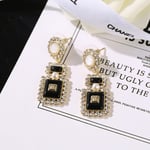 Chanel-Inspired Black Glass & Crystal Perfume Bottle Drop Earrings (Gold)