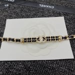Chanel-Inspired Crystal Monogram Gold Chain & Leather Woven Choker Necklace