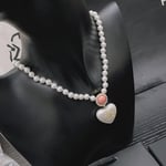 Chanel-Inspired Pearl Strand Necklace with Heart & Pink Crystal Monogram Pendant