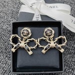 Chanel-Inspired Black Enamel Monogram Rose & Leather Chain Bow Drop Earrings (Gold)