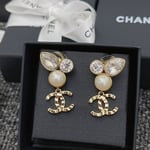 Chanel-Inspired Pearl & Crystal Monogram Drop Earrings (Gold)
