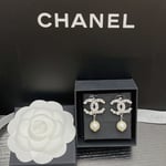 Chanel Silver-Tone Metal CC Pin Brooch with Faux Pearls