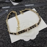 Chanel-Inspired Crystal Monogram Gold Chain & Leather Woven Choker Necklace
