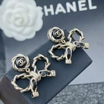 Chanel-Inspired Black Enamel Monogram Rose & Leather Chain Bow Drop Earrings (Gold)