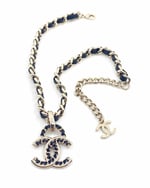Chanel-Inspired Navy Leather Woven Chain Monogram Logo Pendant Choker Necklace