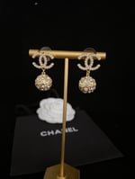Chanel-Inspired Gold Ball Crystal & Pearl Monogram Drop Earrings