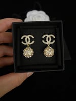 Chanel-Inspired Gold Ball Crystal & Pearl Monogram Drop Earrings