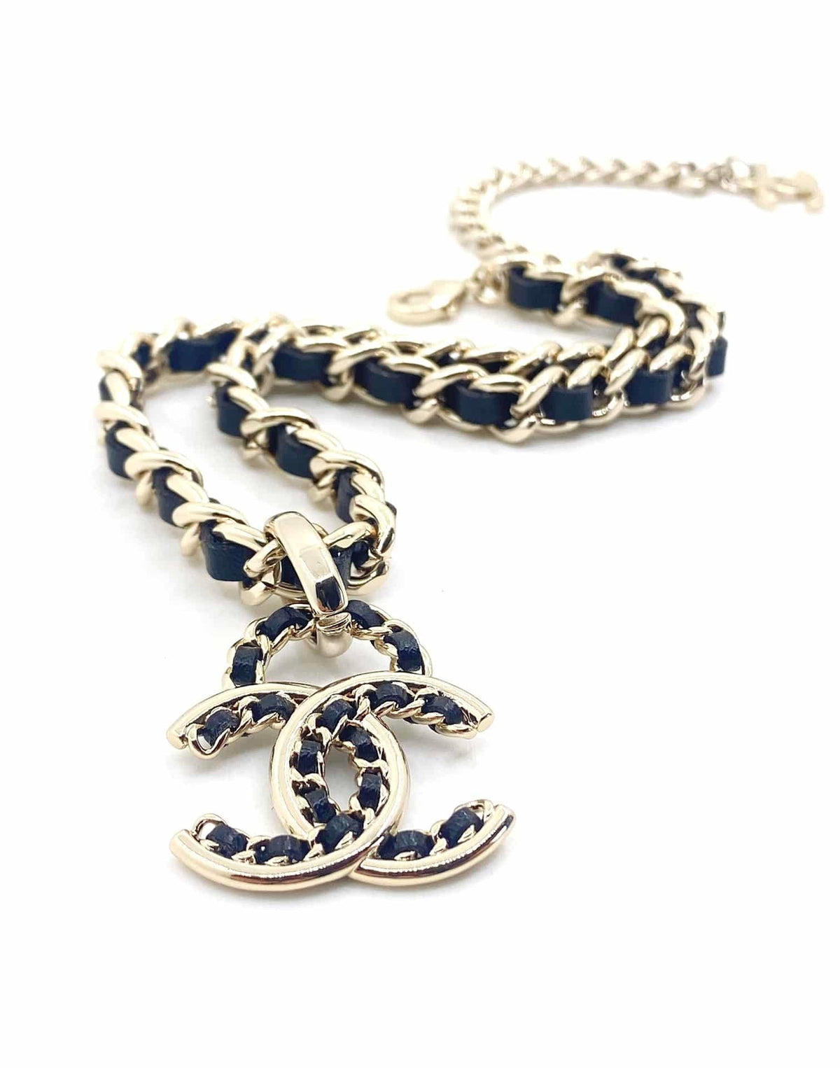 Chanel-Inspired Navy Leather Woven Chain Monogram Logo Pendant Choker Necklace