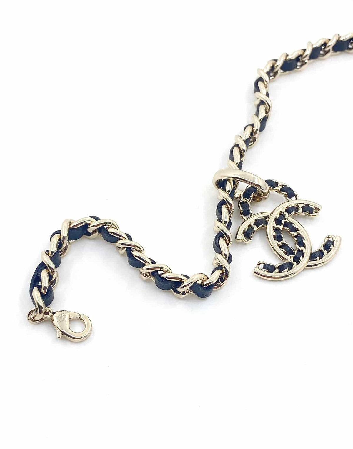 Chanel-Inspired Navy Leather Woven Chain Monogram Logo Pendant Choker Necklace