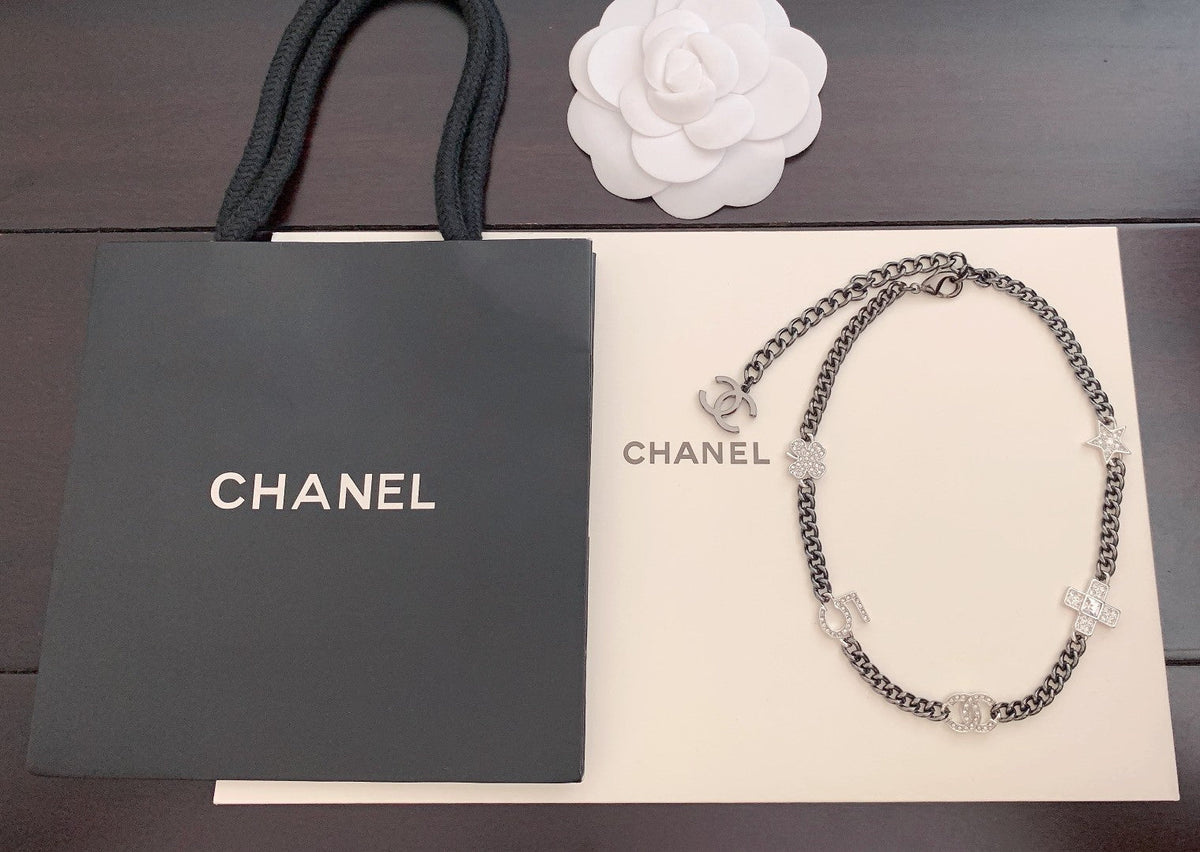 Chanel Ruthenium Crystal Chain CC Lucky Charms Choker Necklace