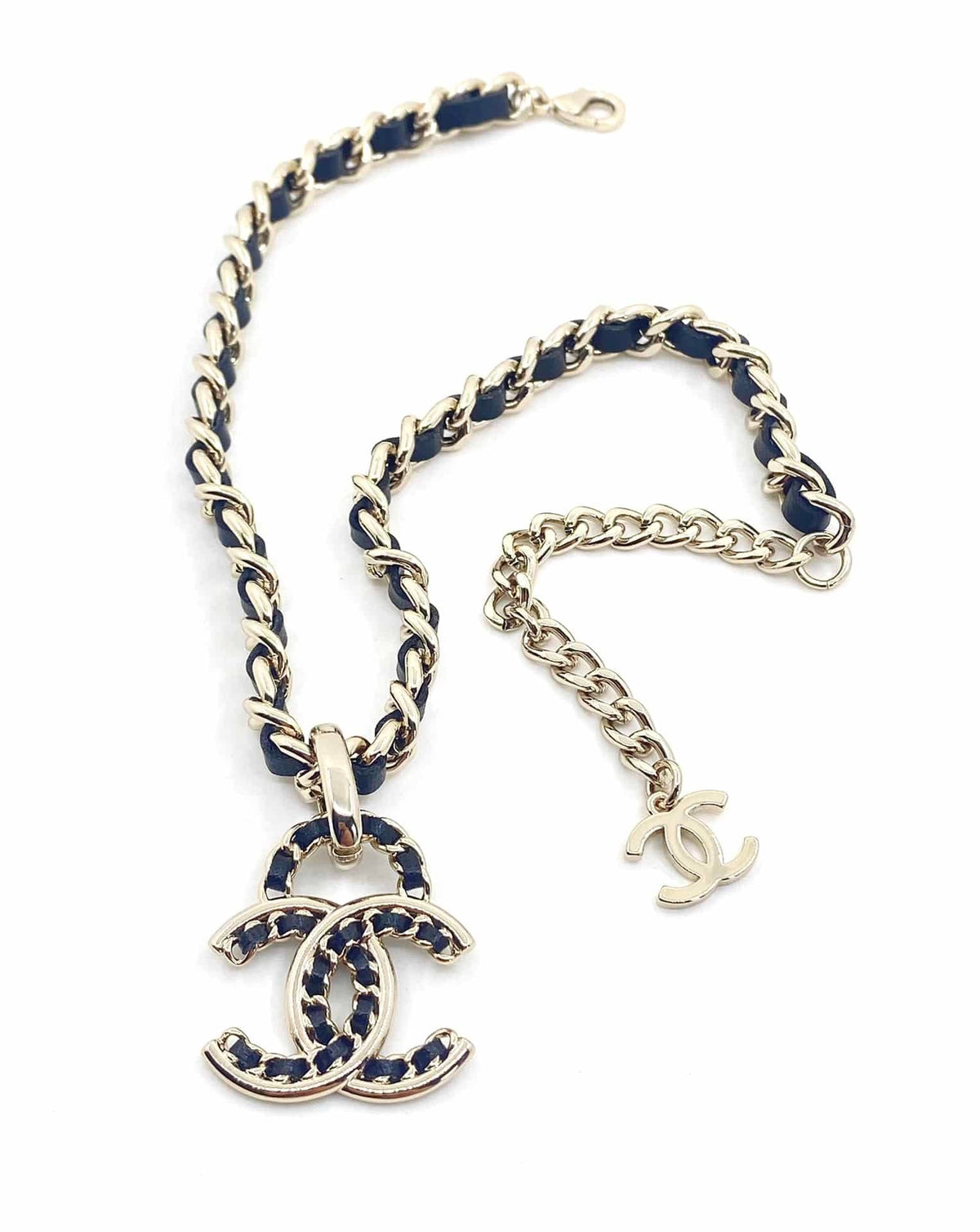Chanel-Inspired Navy Leather Woven Chain Monogram Logo Pendant Choker Necklace