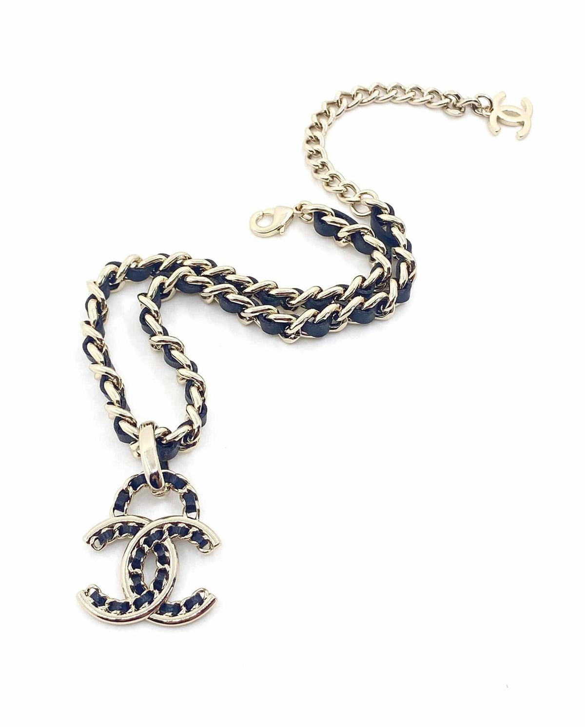 Chanel-Inspired Navy Leather Woven Chain Monogram Logo Pendant Choker Necklace