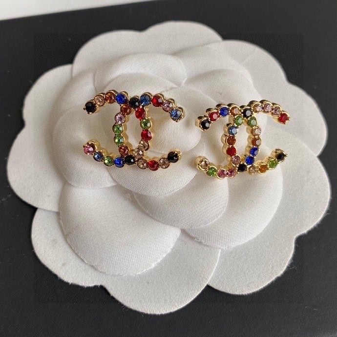 Chanel-Inspired Multi-Color Crystal Monogram Stud Earrings