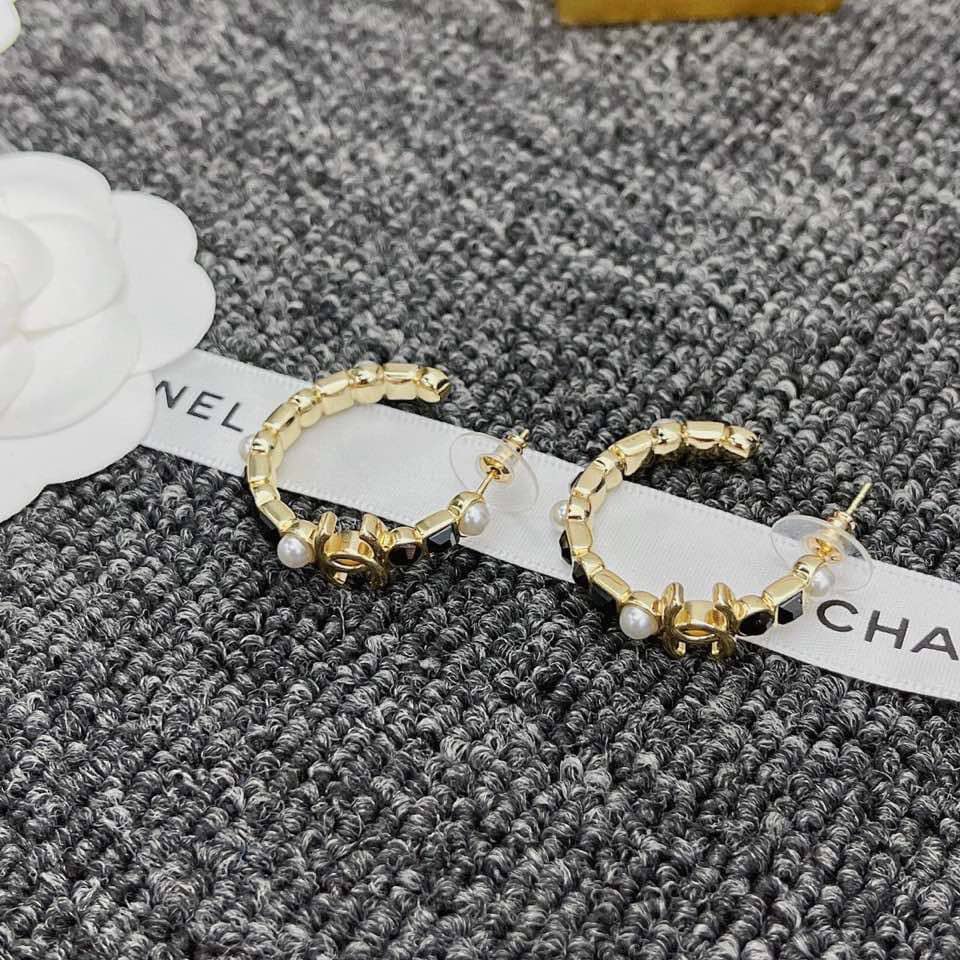 Chanel Gold & Black Metal Hoop Earrings