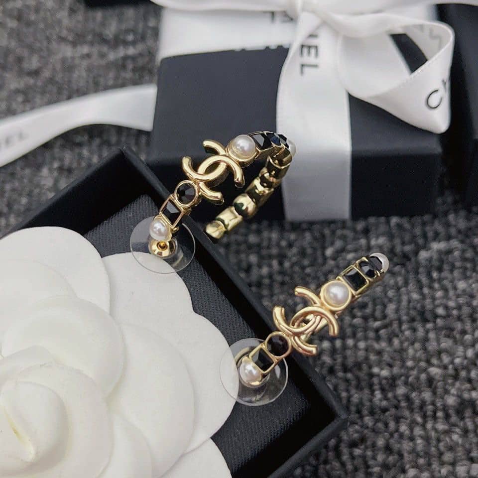 Chanel Gold & Black Metal Hoop Earrings