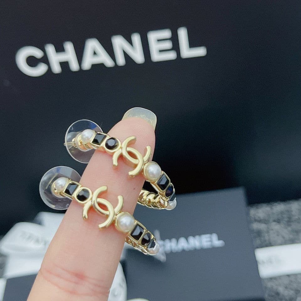Chanel Gold & Black Metal Hoop Earrings