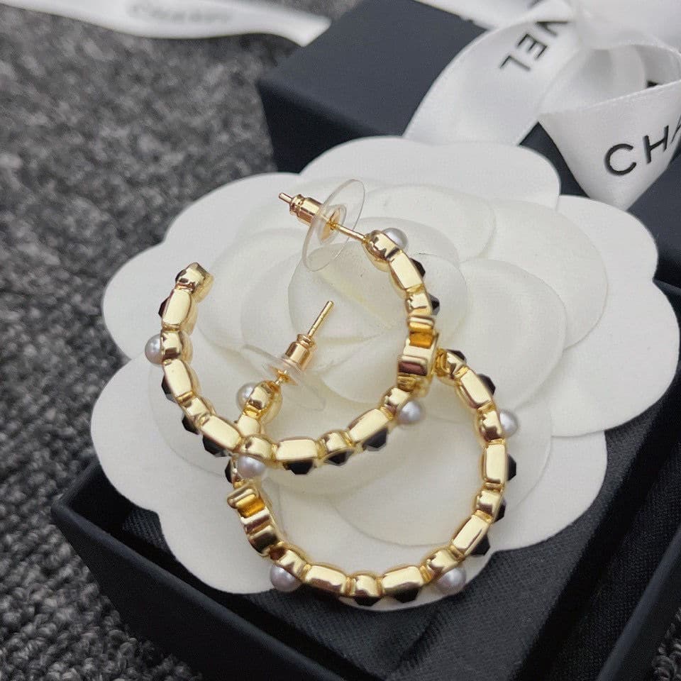 Chanel Gold & Black Metal Hoop Earrings